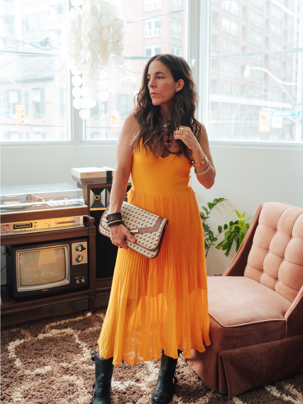 Wilfred Sleeveless Yellow-Orange Pleated Midi Dress - Picture 5 of 8